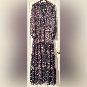MANGO MNG Size 8 Black Long Sleeve Tulip Floral Split V Neck Button Front MAXI